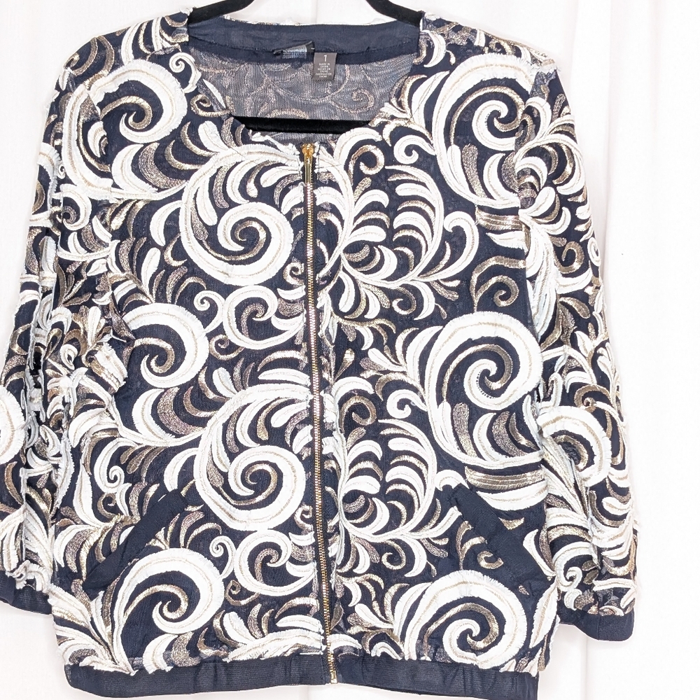 Chico's Travelers Collection Scrolled Bomber Jacket Size 1 - Picture 2 of 7